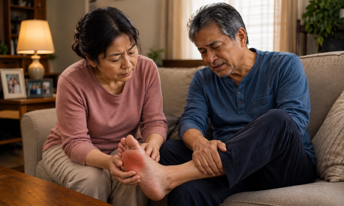 An older Japanese couple at home in the evening, she is holding his swollen foot