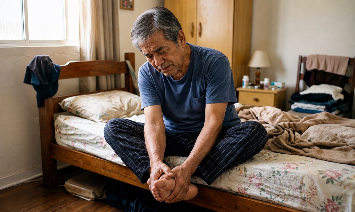 An older Japanese man sitting on his bed in the evening, holding his foot